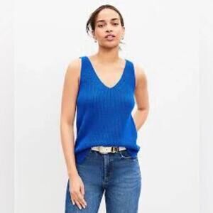 NWT Loft V-Neck Knit Tank Top Womens Large Blue Summer Beach Boho Chic